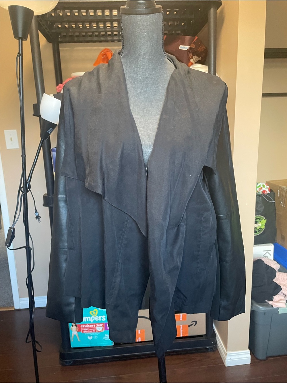 Dex Black Draped Faux Leather-Trim Jacket